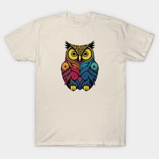 t-shirt design, colorful owl with yellow eyes on a black background, an airbrush painting T-Shirt